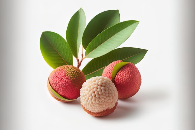 Isolated lychee with leaves on a white backdrop exotic fruit