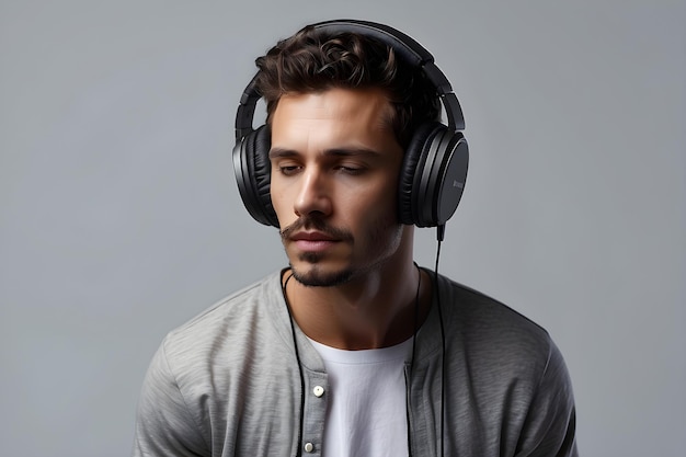 Isolated man boy listening to music song on grey background playing podcast headset