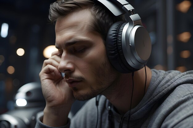 Isolated man boy listening to music song in a workplace playing podcast headset