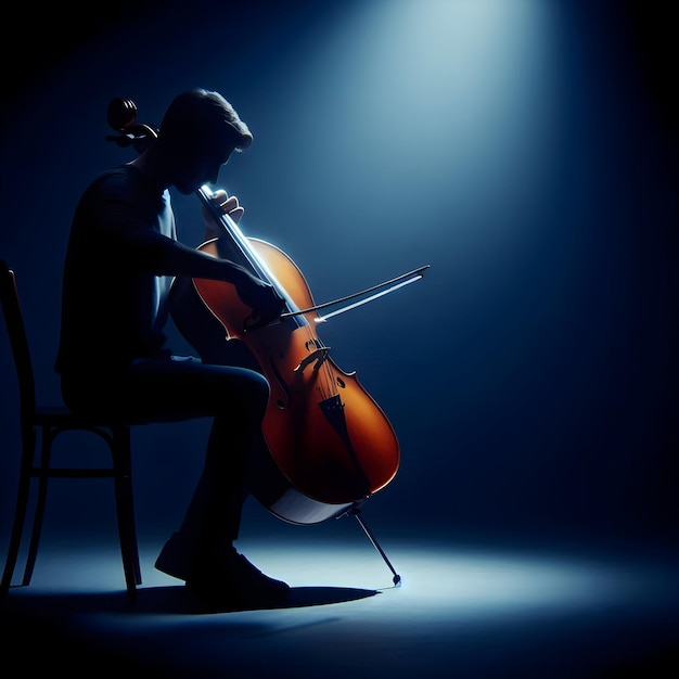 Isolated on a midnight blue background a cellist practices fervently in a dimly lit studio capturi