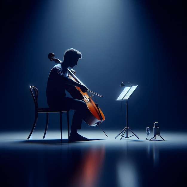 Isolated on a midnight blue background a cellist practices fervently in a dimly lit studio capturi