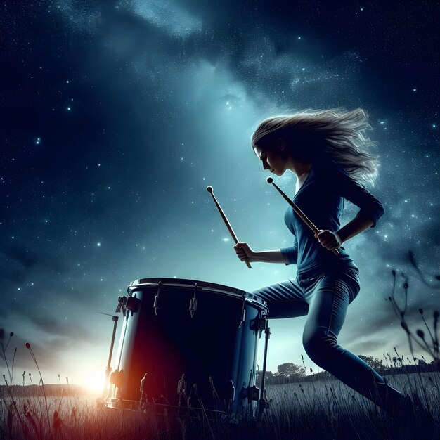 Photo isolated on a midnight blue background under the starry sky of a summer evening a drummer passiona