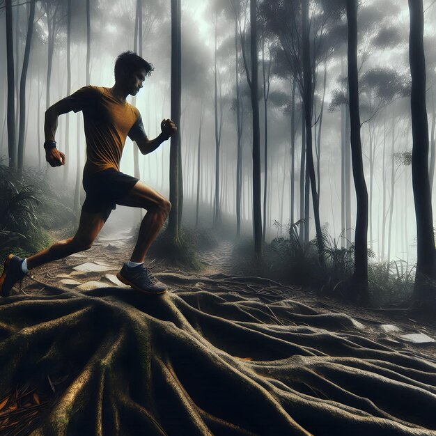 Isolated on a misty gray background a trail runner navigates through dense forest trails gracefull