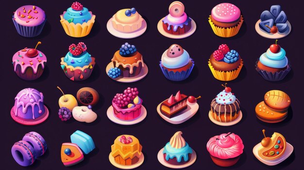 Isolated modern set of pastry cupcakes and macaroons Cartoon 2d UI graphics elements ratafia with topping chocolate and nuts berries and fruits