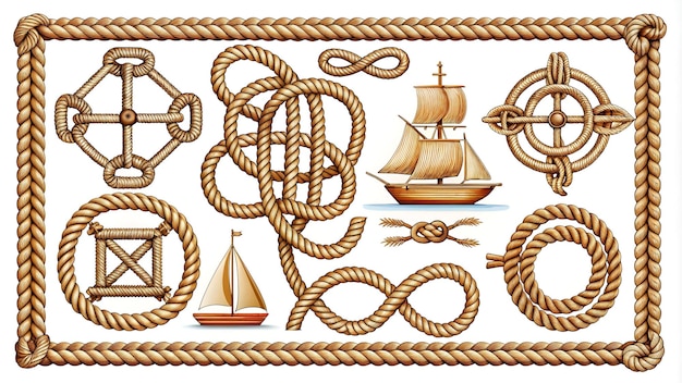 Photo isolated nautical knots marine ropes frames sailboat and ship equipment decorative rope brushes