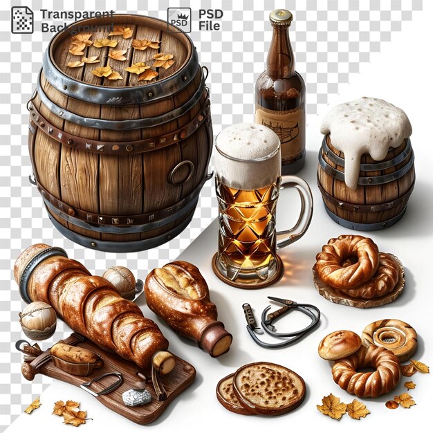 Photo isolated oktoberfest item set beer sausages bread beer mug and beer bottle on transparent background with glass handle