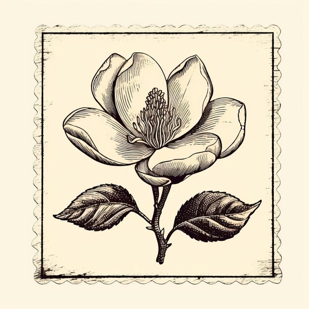 Photo isolated old print stamp magnolia on white background ink line engraving vintage