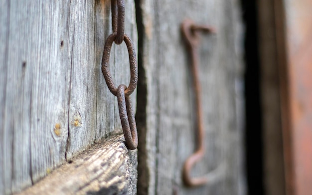 Isolated old rusty door latch on a wooden door Closeup Problematic weathered panels Old wall texture background Detail of an old wooden door with a rusty door latch