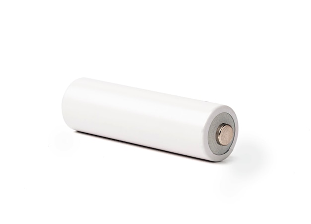 Isolated of one white alkaline battery AA size on white background with clipping path  Carbon zinc for one time use and rechargeable battery  Clipping path