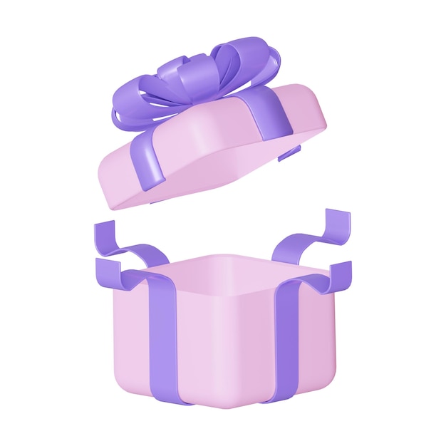 Isolated An open pink gift with a big purple bow. 3d rendering.