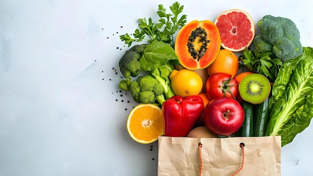 Isolated paper bag filled with fresh fruits and vegetables on white background Concept Food Photography Healthy Eating Fresh Produce Grocery Shopping EcoFriendly Packaging