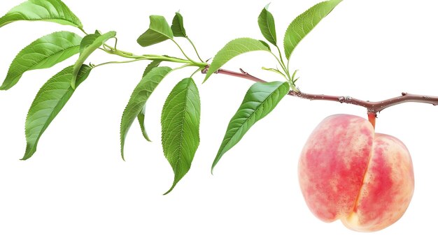 Photo isolated peach one raw pink peach hanging on a stem with leaves isolated on white ba generative ai