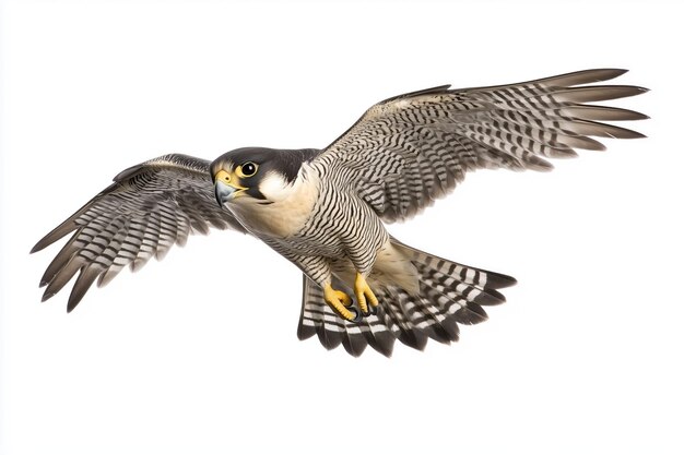 Photo isolated peregrine falcon in midflight on a white backdrop