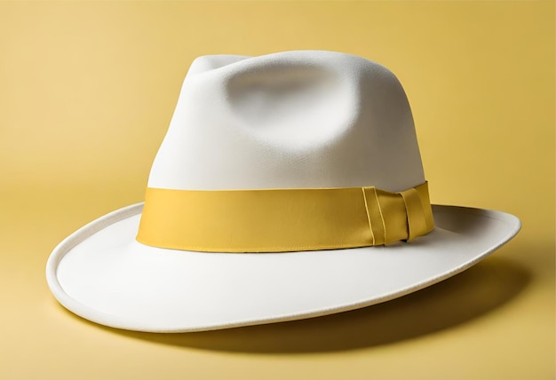 isolated photo of a white fedora hat on a yellow background 1