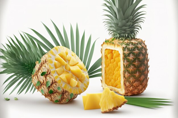 Isolated pineapple with leaves and slices a white background with whole and chopped pineapple whole field of view