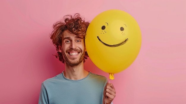 Photo on an isolated pink backdrop a young guy is clutching a yellow air balloon with a painted smiling emoji in front of her face