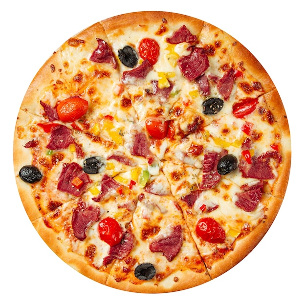 Isolated pizza with meat and vegetables on white