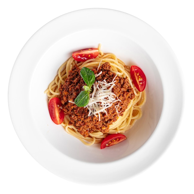 Isolated portion of bolognese spaghetti dish