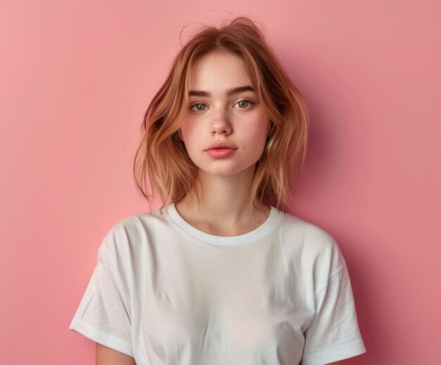 Photo isolated portrait of 27yearold girl in shirt looking at empty space against pink background