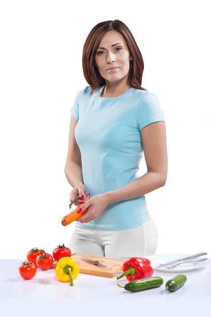 Isolated portrait of beautiful sports female with fruits