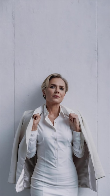 Photo isolated portrait of stylish successful 50 year old female broker in white shirt posing on blank wa