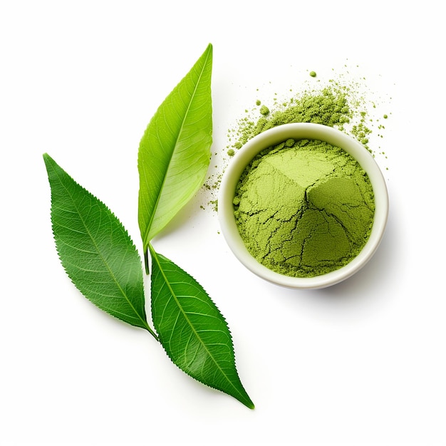 Isolated Powder Green Tea and Green Tea Leaf on White Background