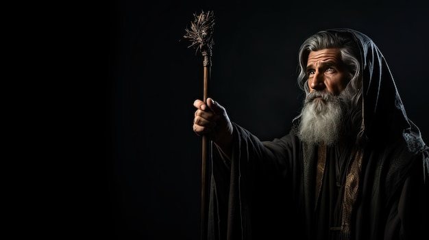 An isolated prophet holding a staff against a black background Ample space available