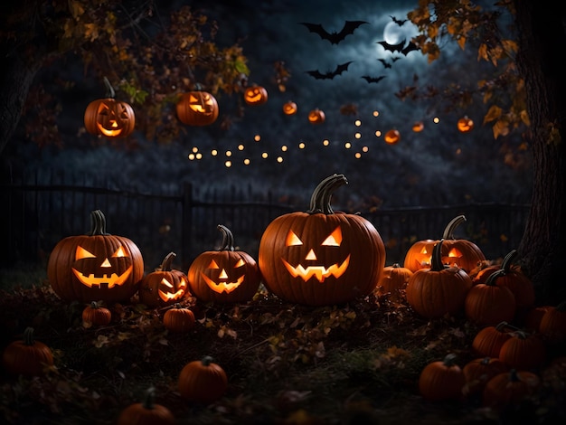 Isolated pumpkins with scary looks at Halloween night