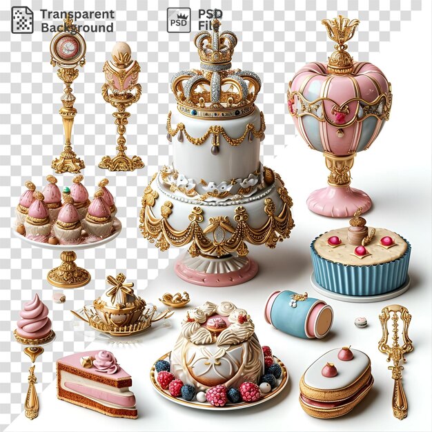 Photo isolated queens birthday item set a cake cupcakes and a teapot on a transparent background