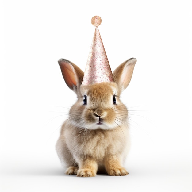 An isolated rabbit with a birthday hat on white background