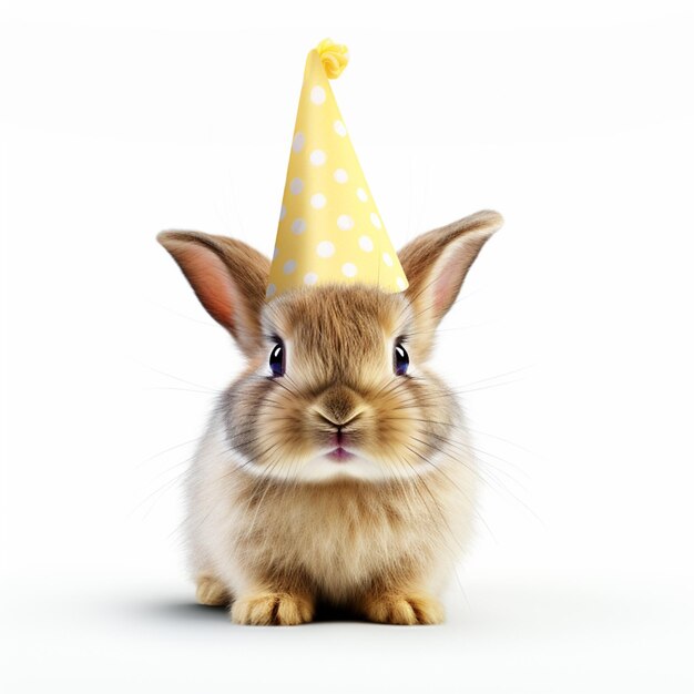 An isolated rabbit with a birthday hat on white background