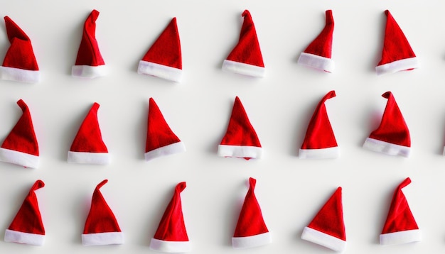 Photo isolated red santa claus hats against a white backdrop showcasing their festive vibrant design