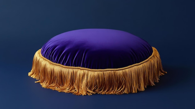 Photo isolated royal purple velvet cushion with gold fringe