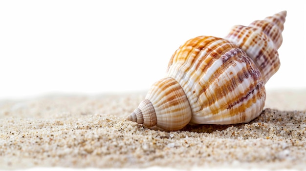 An isolated seashell on sand with a white background