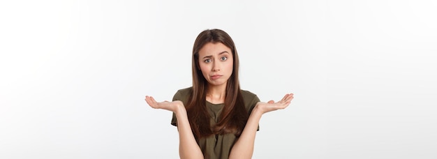 Isolated shot of speechless concerned shocked and angry woman expressing silence and misconceptions