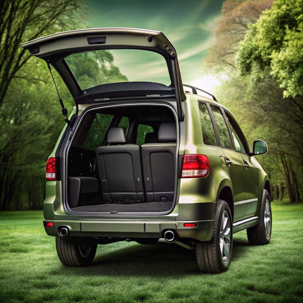 isolated simple and metallic suv car on white background back view with the open back door