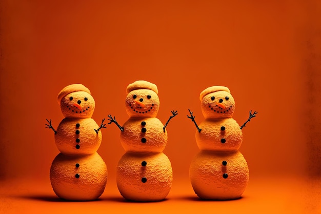 Isolated snowmen on an orange background