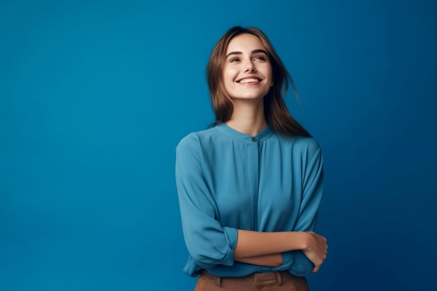 isolated stylish smiling woman in full growth on blue background