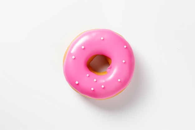 Photo isolated top view of pink glazed donut on white background