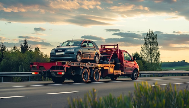 Photo isolated tow truck the tow truck with the broken family car on the road car service transportation concept tow truck transporting the vehicle on a highway no background