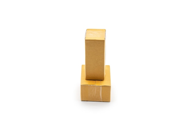 Isolated two brown paper boxes Postal Package from shopping online is delivered to the buyer It's shot in the studio light in front of white background Clipping Paths