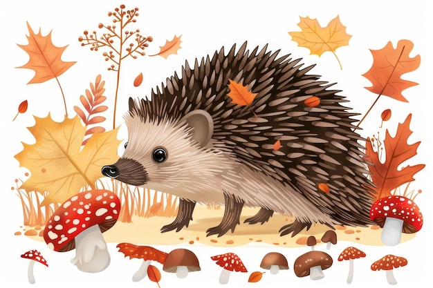 Photo isolated vector illustration of a hedgehog with autumn leaves and mushrooms on a white background c