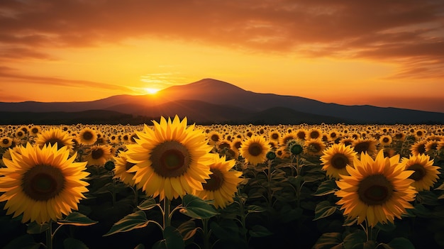 isolated view of sunflower field Sky background at sunset with dark natural scenery