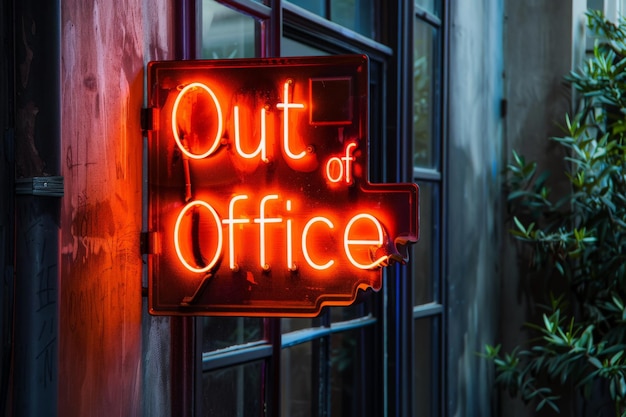 An isolated vintage neon sign with Out of Office glowing in a warm light creating a welcoming and relaxed atmosphere