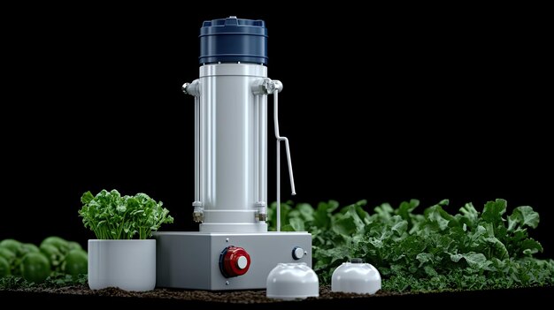 Photo an isolated water pump in a vibrant vegetable field featuring white pipes and a blue cover ready to activate with a red button