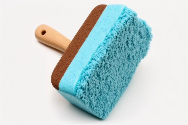 Isolated on a white background a blue sponge with a wooden handle