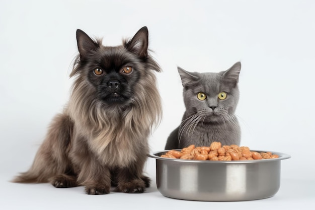 Isolated on a white background a grey cat and a Belgian griffon dog sit next to a bowl of food