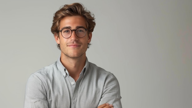 An isolated white background illustrates a close up portrait of a handsome young businessman wearing a gray shirt and glasses feeling confident with his arms crossed