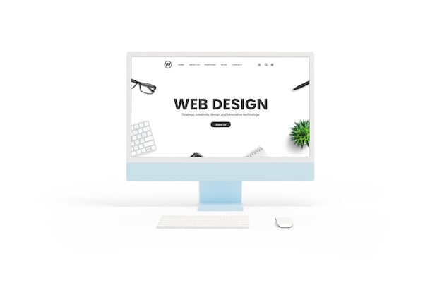 Isolated white computer display monitor with a web design studio concept page in front view Keyboard and mouse beside Showcasing website design concept