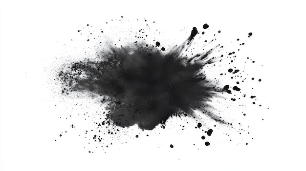 Isolated on white is a black chalk explosion with dust particles flying